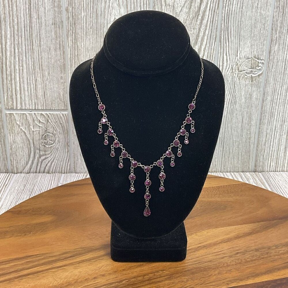 Vintage Women's Silver Purple Glass Amethyst Statement Necklace
